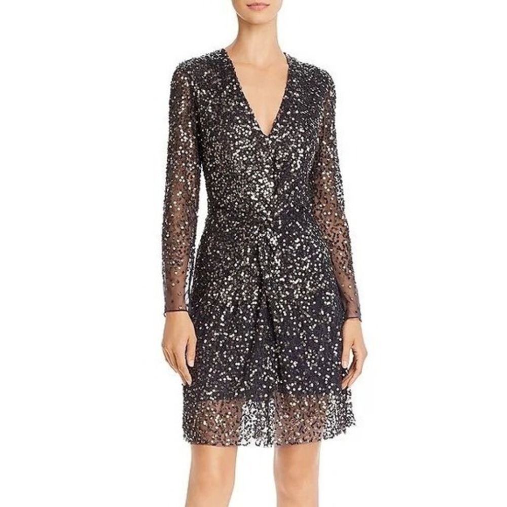 French Connection Emille Black Sequin Twist Front V Neck Long Sleeve‎ Mini Dress